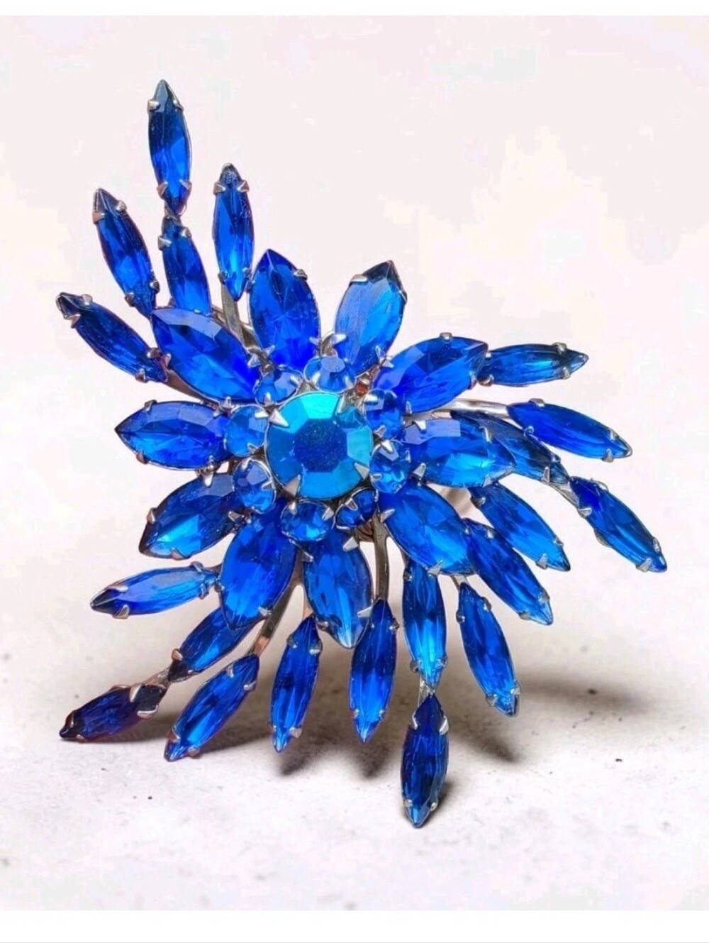 Vtg Signed Judy Lee Rhapsody In Blue Cobalt Rhinestone Starburst Spray Brooch 3"